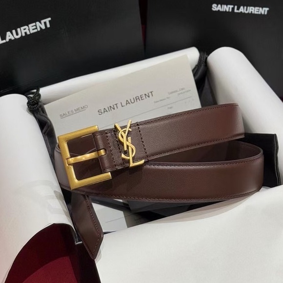 Saint Laurent Dark Brown Belt with Gold YSL Buckle - Picture 1 of 9